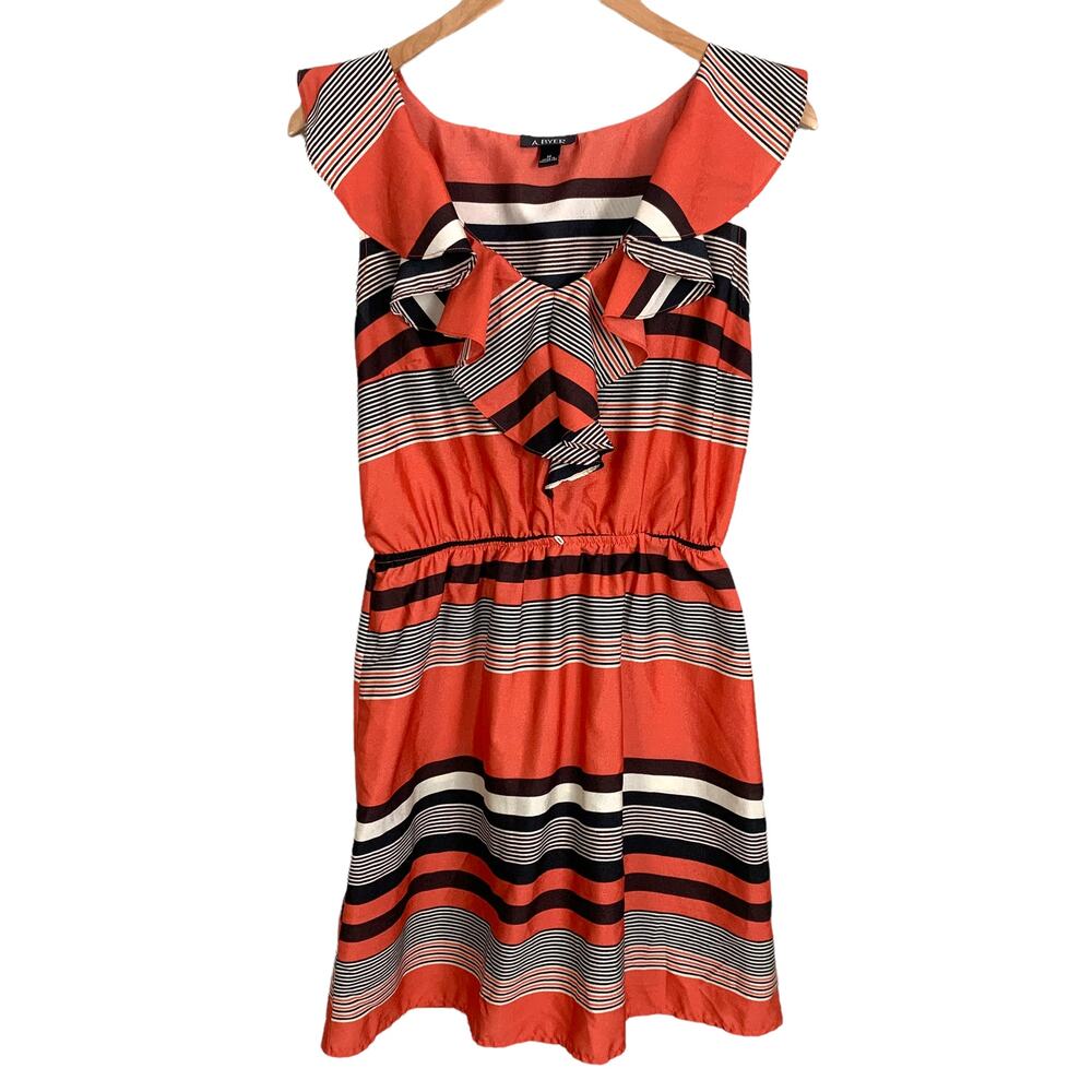 A Byer Dress Multi Stripe V neck Flounce Ruffle Sleeveless Dress Coral Orange M